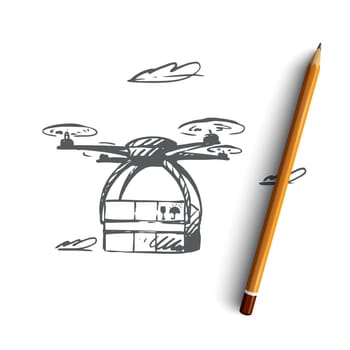 Drone, delivery, box, technology, transportation concept. Hand drawn transportation package with drone concept sketch. Isolated vector illustration.