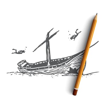 Underwater, boat, seabed, ship, diving concept. Hand drawn sunken ship on the seabed concept sketch. Isolated vector illustration.