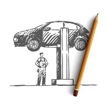 Car, repair, auto, service, engine concept. Hand drawn diagnostic of car in repair service concept sketch. Isolated vector illustration.