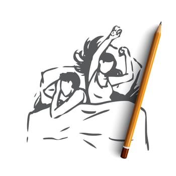 Couple, sleep, bed, woman, bedroom, night concept. Hand drawn couple sleep in bed concept sketch. Isolated vector illustration.