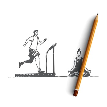 Gym, yoga, sport, exercise, health concept. Hand drawn man running on a treadmill and woman going yoga concept sketch. Isolated vector illustration.