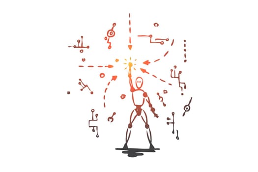 Robot, technology, data, android, digital concept. Hand drawn android robot and data scheme concept sketch. Isolated vector illustration.