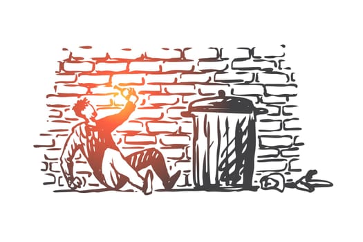 Alcoholism, man, drunk, bottle, tired concept. Hand drawn drunk man with bottle of alcohol near trash bin concept sketch. Isolated vector illustration.