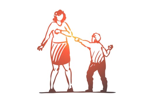 Son, mother, child, parent, angry, scold concept. Hand drawn mom quarrels with her son concept sketch. Isolated vector illustration.
