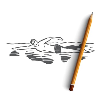Swimming, pool, sport, water, swimmer concept. Hand drawn man swimming in pool. Professional swimmer concept sketch. Isolated vector illustration.