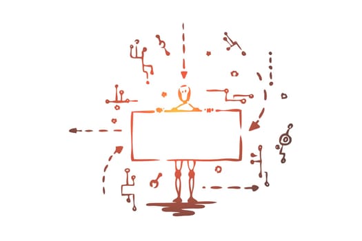 Technology, robot, scheme, android, data concept. Hand drawn robot with screen and adroid scheme concept sketch. Isolated vector illustration.