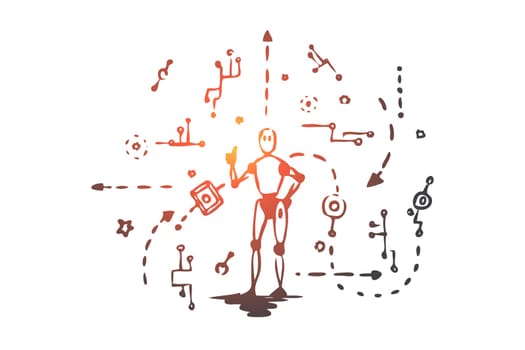 Scheme, machine, robot, technology, android concept. Hand drawn electronic machine and android scheme concept sketch. Isolated vector illustration.