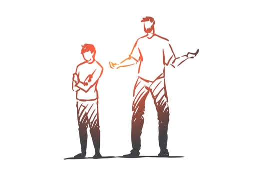 Son, dad, child, angry, scold, naughty concept. Hand drawn naughty son and dad concept sketch. Isolated vector illustration.