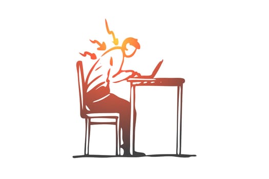 Posture, bad, spine, sit, table, wrong concept. Hand drawn man works at the computer in wrong posture concept sketch. Isolated vector illustration.