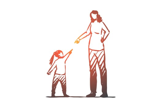 Daughter, mother, angry, scold, conflict concept. Hand drawn mother in conflict with daughter concept sketch. Isolated vector illustration.