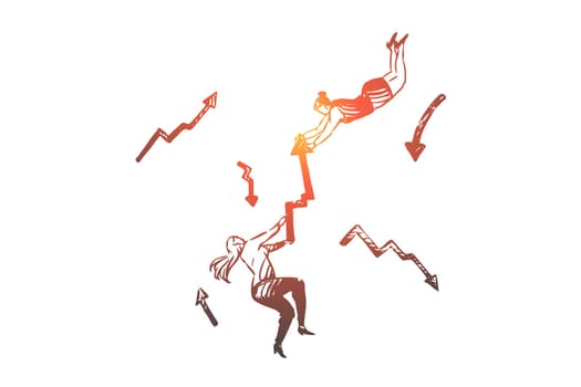 Business, arrow, woman, rivalry, success, contest concept. Hand drawn businesswomen hold an arrow concept sketch. Isolated vector illustration.