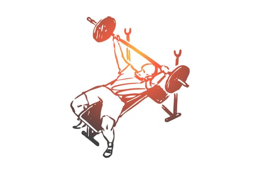 Gym, barbell, strong, man, health concept. Hand drawn man doing exercises with barbell in gym concept sketch. Isolated vector illustration.