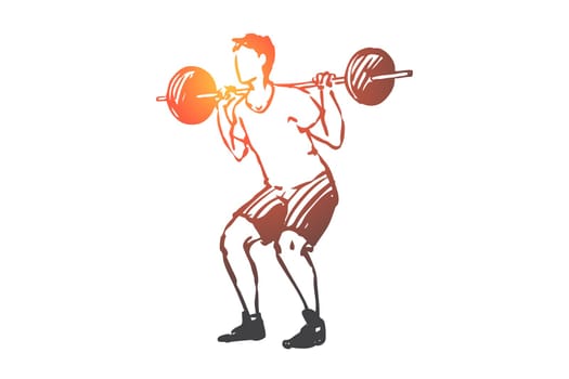 Body, fitness, gym, sport, man concept. Hand drawn man training in gym with barbell concept sketch. Isolated vector illustration.