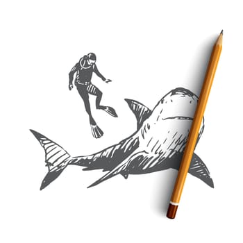 Sea, fauna, shark, swim, underwater, marine concept. Hand drawn studying of marine fauna life. Shark and diver concept sketch. Isolated vector illustration.
