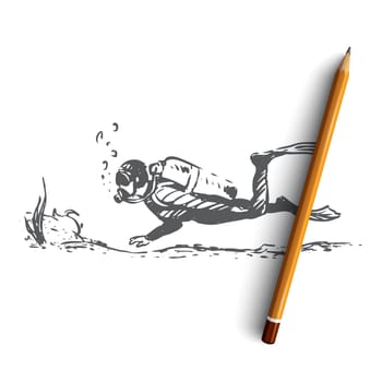 Scuba, diving, underwater, sport, sea concept. Hand drawn man diving with equipment underwater concept sketch. Isolated vector illustration.