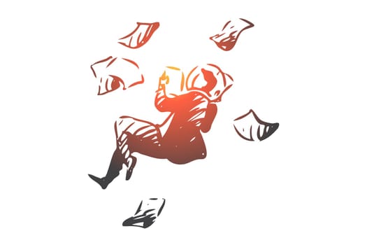 Business, space, paper, man, fly concept. Hand drawn businessman flying with a lot of paper in space dressen in space suit concept sketch. Isolated vector illustration.