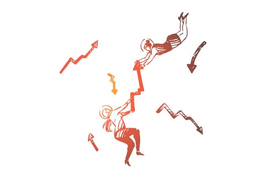 Business, space, suit, arrow, women, fly concept. Hand drawn businesswomen flying in space suit holding arrow concept sketch. Isolated vector illustration.