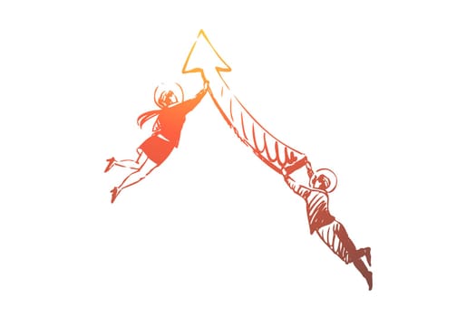 Business, space, suit, arrow, people, fly concept. Hand drawn business people flying in space suit holding arrow concept sketch. Isolated vector illustration.