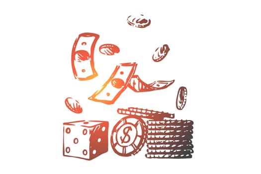 Casino, money, poker, dice, game concept. Hand drawn money, dice and game coins concept sketch. Isolated vector illustration.