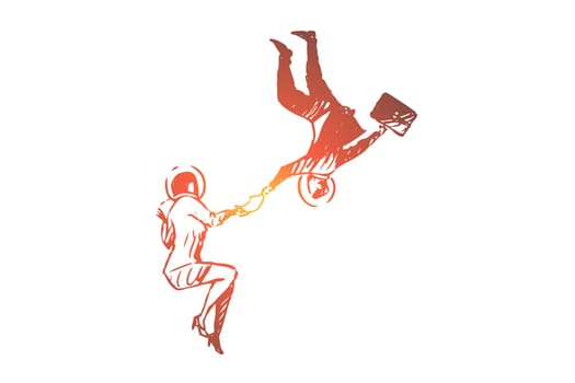 Business, space, suit, women, man, fly concept. Hand drawn business people flying in space suit concept sketch. Isolated vector illustration.