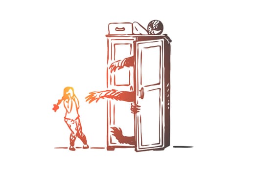 Cupboard, monster, child, fear, scary concept. Hand drawn little girl runs from monster in cupboard concept sketch. Isolated vector illustration.