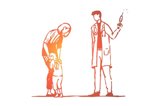 Child, doctor, injection, fear, syringe concept. Hand drawn child afraid of doctor with injection concept sketch. Isolated vector illustration.