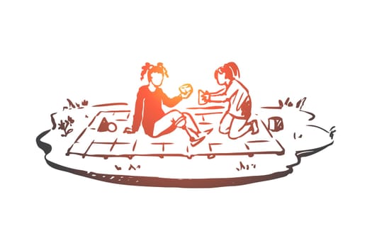 Disabled, girl, play, prosthesis concept. Hand drawn disabled girl with protesis hand play concept sketch. Isolated vector illustration.