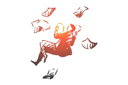Business, space, paper, man, fly concept. Hand drawn businessman flying with a lot of paper concept sketch. Isolated vector illustration.