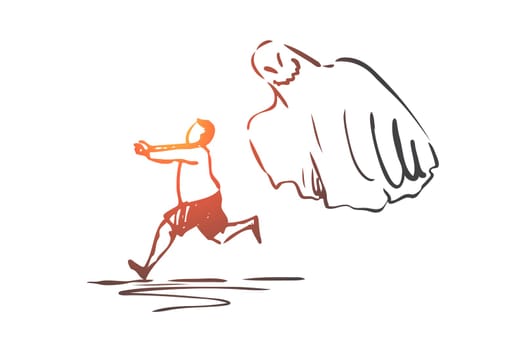 Ghost, monster, boy, fear, scary concept. Hand drawn boy runs from flying ghost concept sketch. Isolated vector illustration.