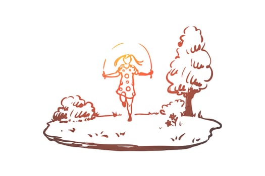 Handicapped, girl, jumping, rope, disability concept. Hand drawn handicapped girl jumping rope concept sketch. Isolated vector illustration.