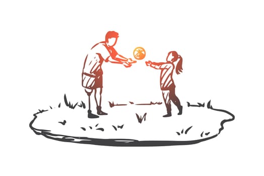 Handicapped, boy, disabled, play, ball, prosthesis concept. Hand drawn disabled boy play with ball concept sketch. Isolated vector illustration.