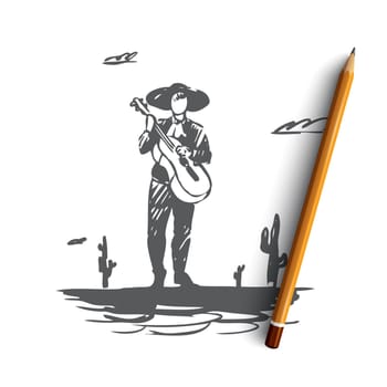 Mexico, guitar, cactus, sombrero, Mexican concept. Hand drawn traditional Mexican man with guitar and sombrero concept sketch. Isolated vector illustration.