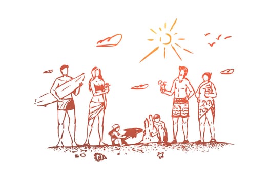 Family, beach, summer, sand, people concept. Hand drawn happy big family on the beach concept sketch. Isolated vector illustration.