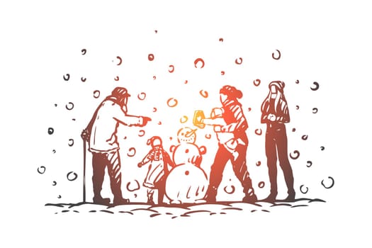 Family, winter, snowman, people, childhood concept. Hand drawn happy big family play with snowman, wintertime concept sketch. Isolated vector illustration.