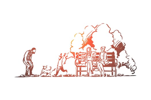 Family, spring, park, dog, nature concept. Hand drawn child has fun with parents and dog in the park concept sketch. Isolated vector illustration.