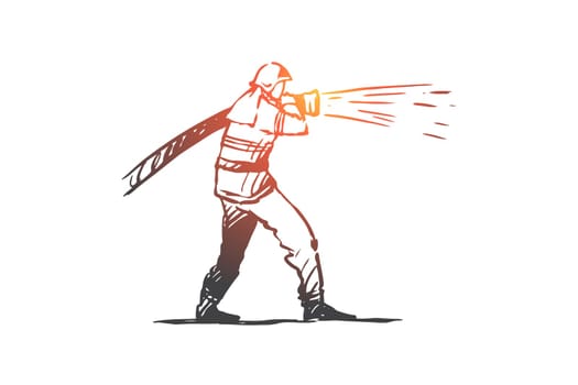 Firefighter, emergency, fire, helmet, rescue concept. Hand drawn firefighter in uniform concept sketch. Isolated vector illustration.