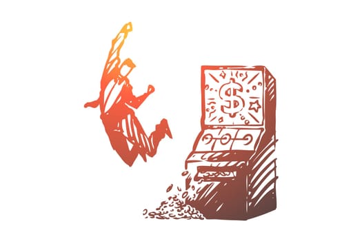 Casino, winner, machine, man, happy concept. Hand drawn happy man won money in casino concept sketch. Isolated vector illustration.
