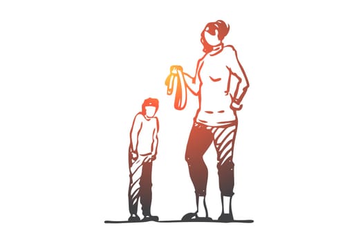Son, mom, belt, punishment, angry, fear concept. Hand drawn mother punish son with belt concept sketch. Isolated vector illustration.