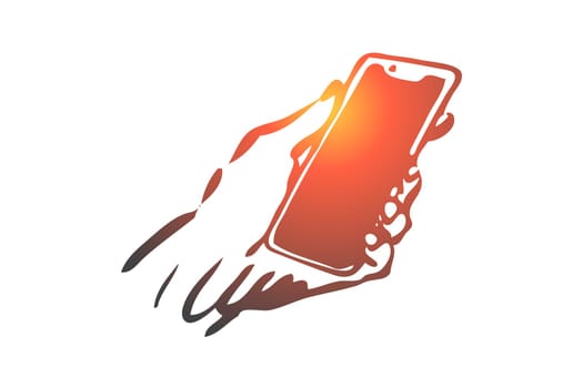 Phone, screen, mobile, hand, device, digital concept. Hand drawn modern smartphone in hand concept sketch. Isolated vector illustration.