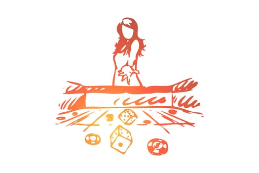 Casino, woman, game, dice, gamble concept. Hand drawn woman throws dice in casino game concept sketch. Isolated vector illustration.