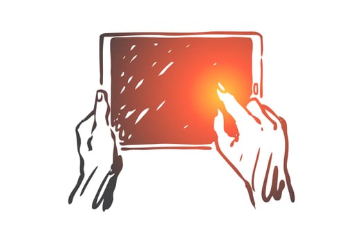 Tablet, screen, hands, hold, display concept. Hand drawn finger touch tablet's screen concept sketch. Isolated vector illustration.