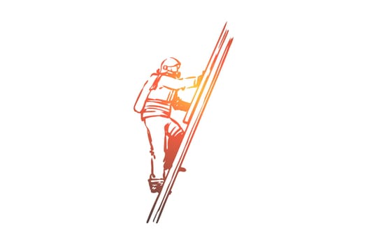 Firefighter, fire, rescue, danger, stairs concept. Hand drawn firefighter climbs the stairs concept sketch. Isolated vector illustration.
