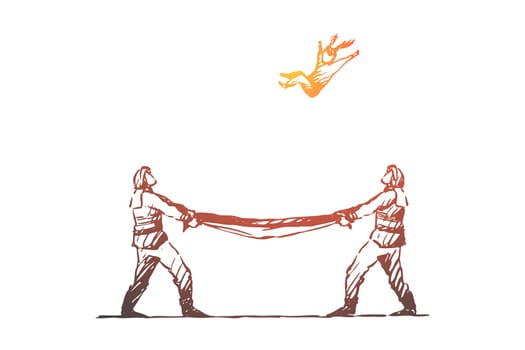 Firefighter, catch, rescue, danger, safe concept. Hand drawn firefighters catching kid falling out of window on fire concept sketch. Isolated vector illustration.