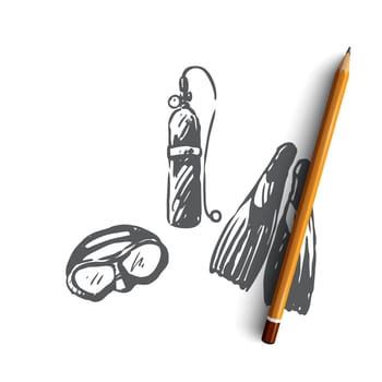Equipment, diving, mask, underwater, scuba concept. Hand drawn oxygen balloon, flippers, mask. Equipment for diving concept sketch. Isolated vector illustration.