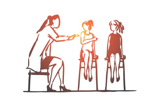 Children, girl, doctor, vaccine, health, clinic concept. Hand drawn female doctor vaccinates girls concept sketch. Isolated vector illustration.
