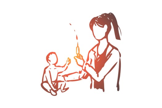 Baby, doctor, vaccine, medical, clinic concept. Hand drawn female doctor vaccinates little baby concept sketch. Isolated vector illustration.