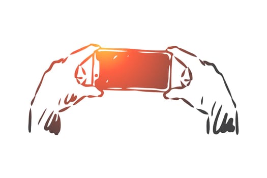 Smartphone, screen, hands, photo, technology concept. Hand drawn person take photo on smartphone concept sketch. Isolated vector illustration.