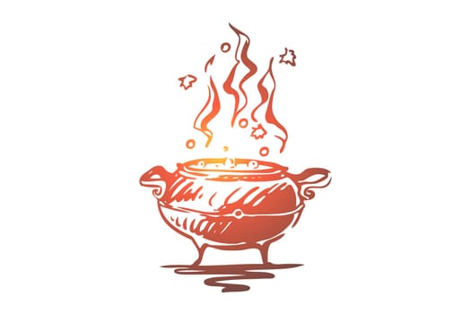 Pot, poison, Halloween, potion, holiday concept. Hand drawn preparation of magic potion concept sketch. Isolated vector illustration.