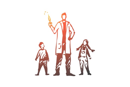 Children, doctor, vaccine, health, care concept. Hand drawn doctor vaccinates children concept sketch. Isolated vector illustration.