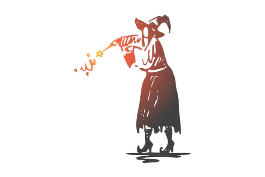 Witch, magic, Halloween, holiday, hat concept. Hand drawn Halloween witch with magic stick concept sketch. Isolated vector illustration.